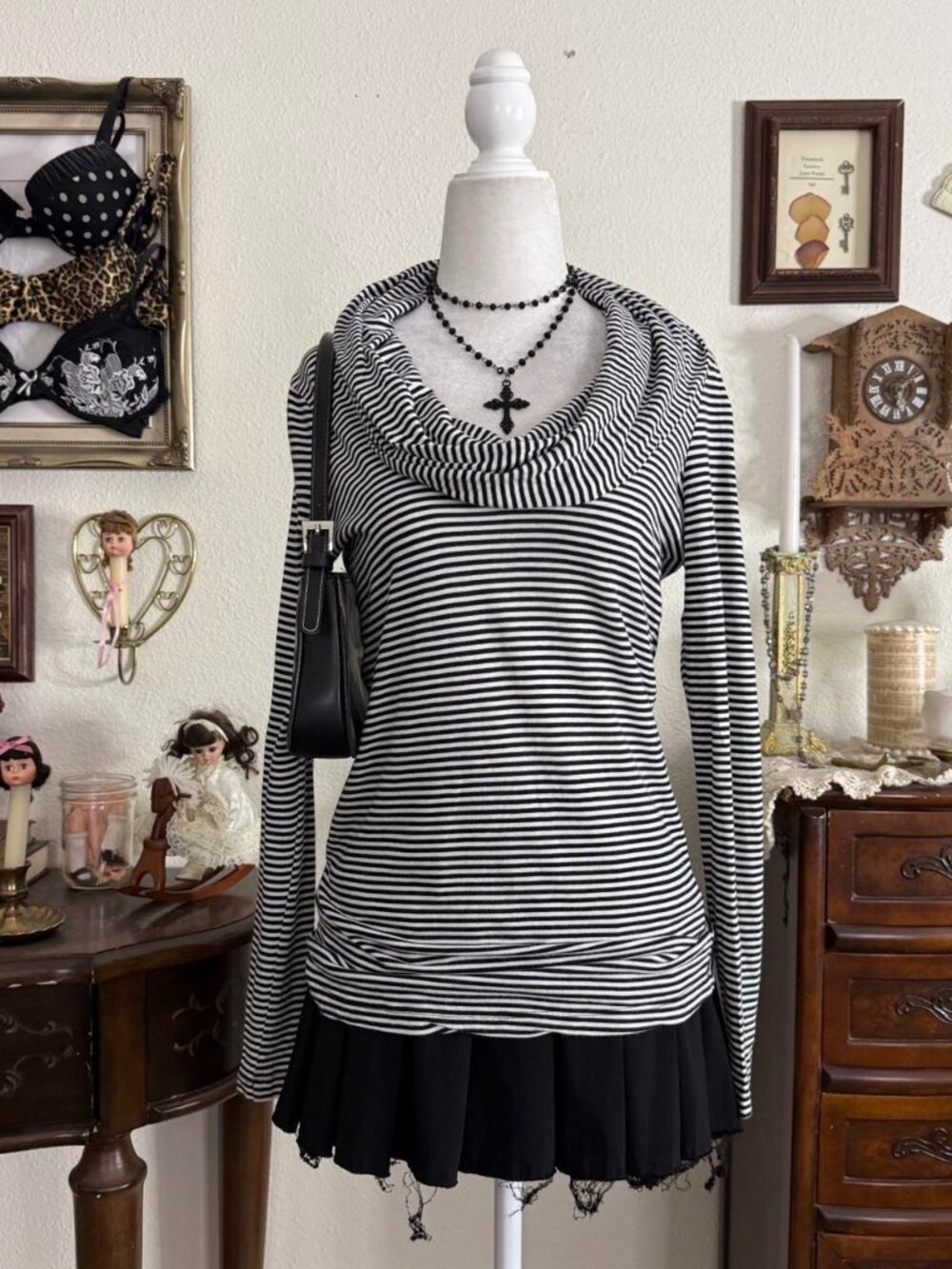 Emo preppy girly grunge white and black cowl neck long sleeve top